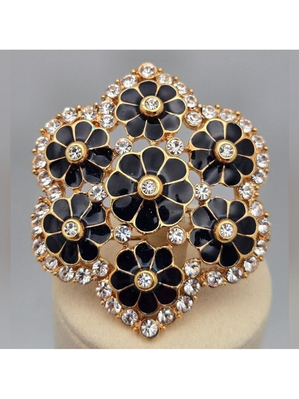 Flower Brooch Vintage JBK Jacqueline Bouvier Kennedy Enamel Black and Gold tone